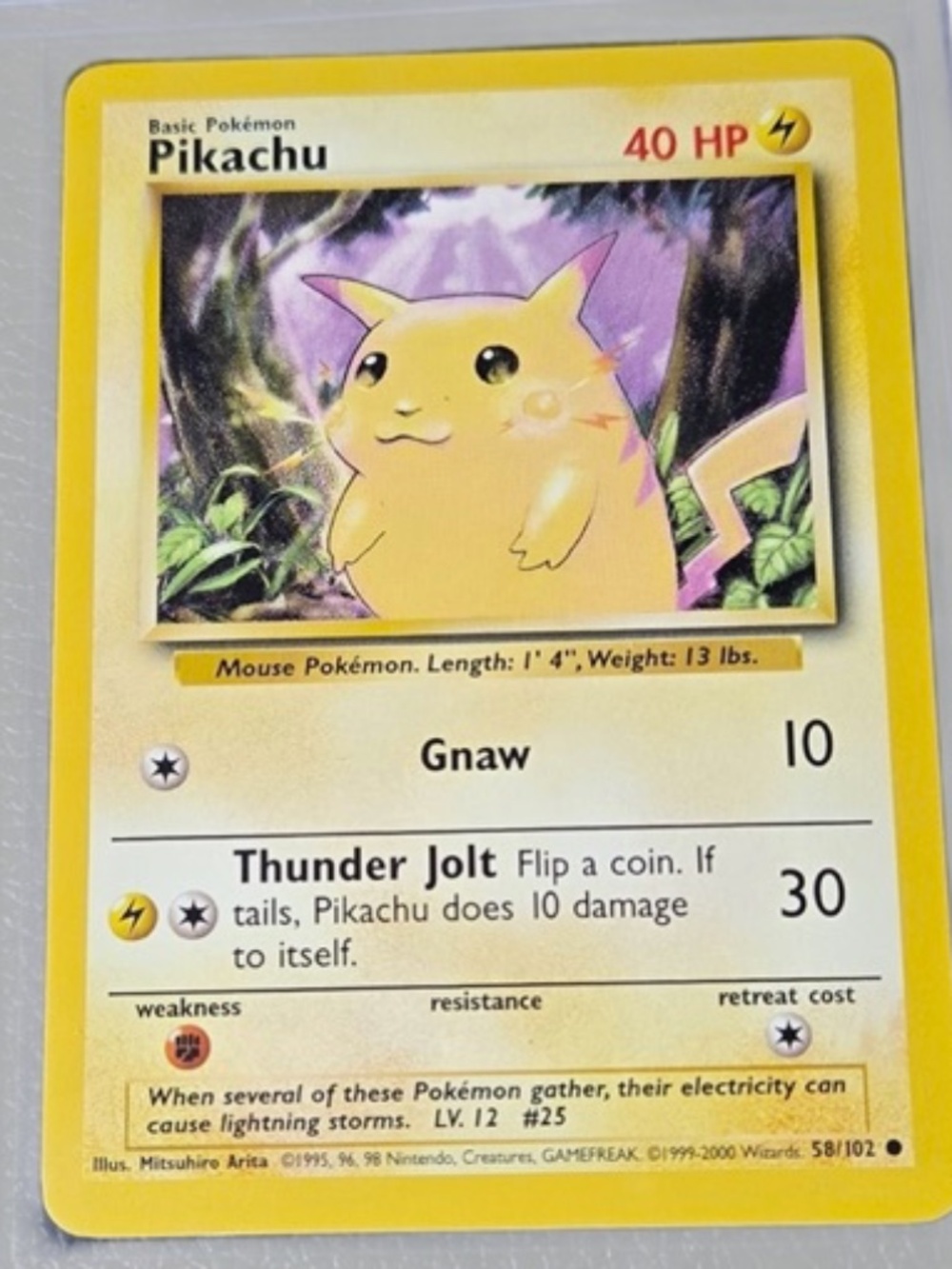 1995 Pikachu Gnaw Pokemon Card 58/102 Rare.PURPLE background. Rare!